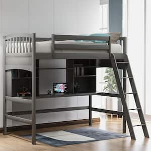 Gray Twin size Loft Bed with Storage Shelves, Desk and Ladder