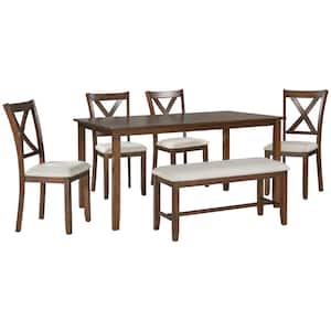 6-Piece Natural Cherry Kitchen Dining Table Set Wooden Rectangular Dining Table with 4 Fabric Chairs and Bench