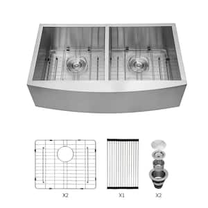 Double Kitchen Sink 33 in. x 20 in. 18-Gague Stainless Steel Farmhouse Sink with Bottom Grid