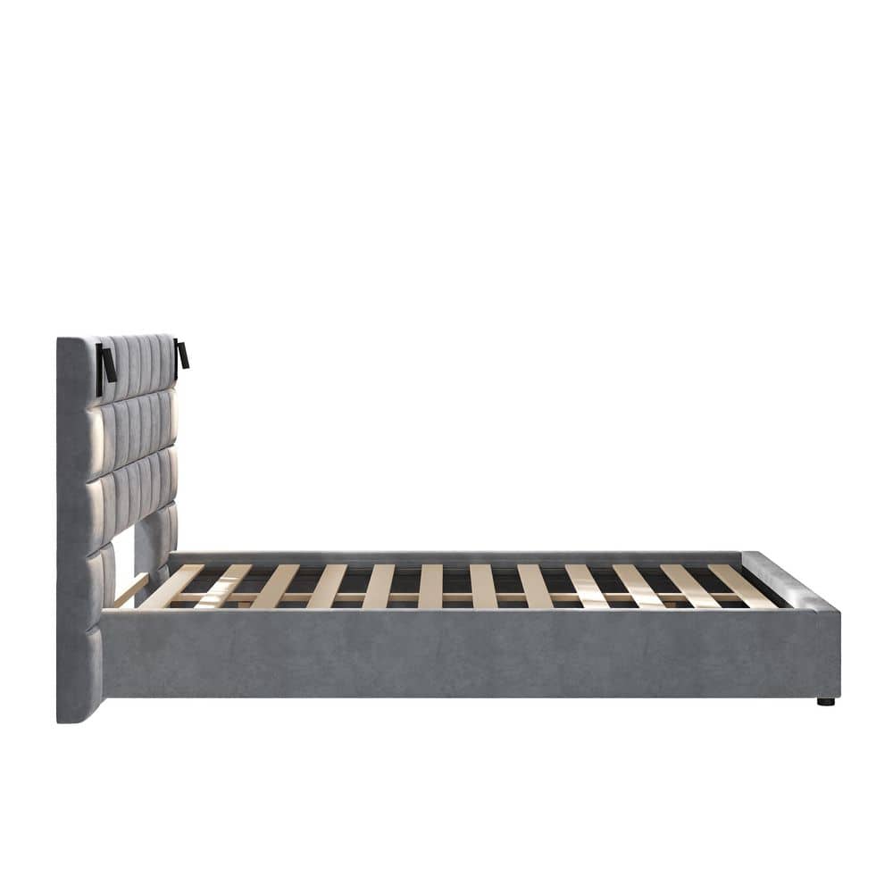 Gray Wood Frame King Velvet Upholstered Platform Bed with Large Luxuriously Padded Headboard, Reading Lamp, USB Port - thumbnail 4