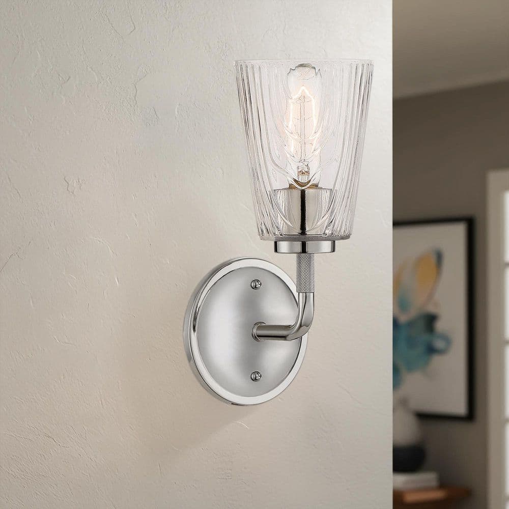 Westwood 5 in. 1-Light Polished Nickel Glam Wall Sconce with Clear Woodgrain Glass Shade price history on PriceWatchPro