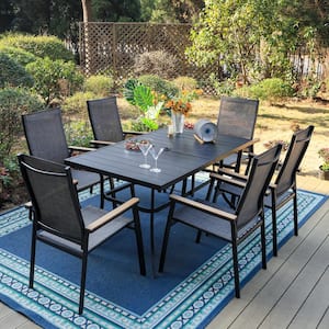 Black 7-Piece Metal Outdoor Patio Dining Set with Rectangle Table and Stackable Aluminum Chairs