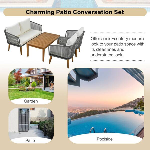 Gray Rope 4-Piece Metal Outdoor Sectional Set, Patio
