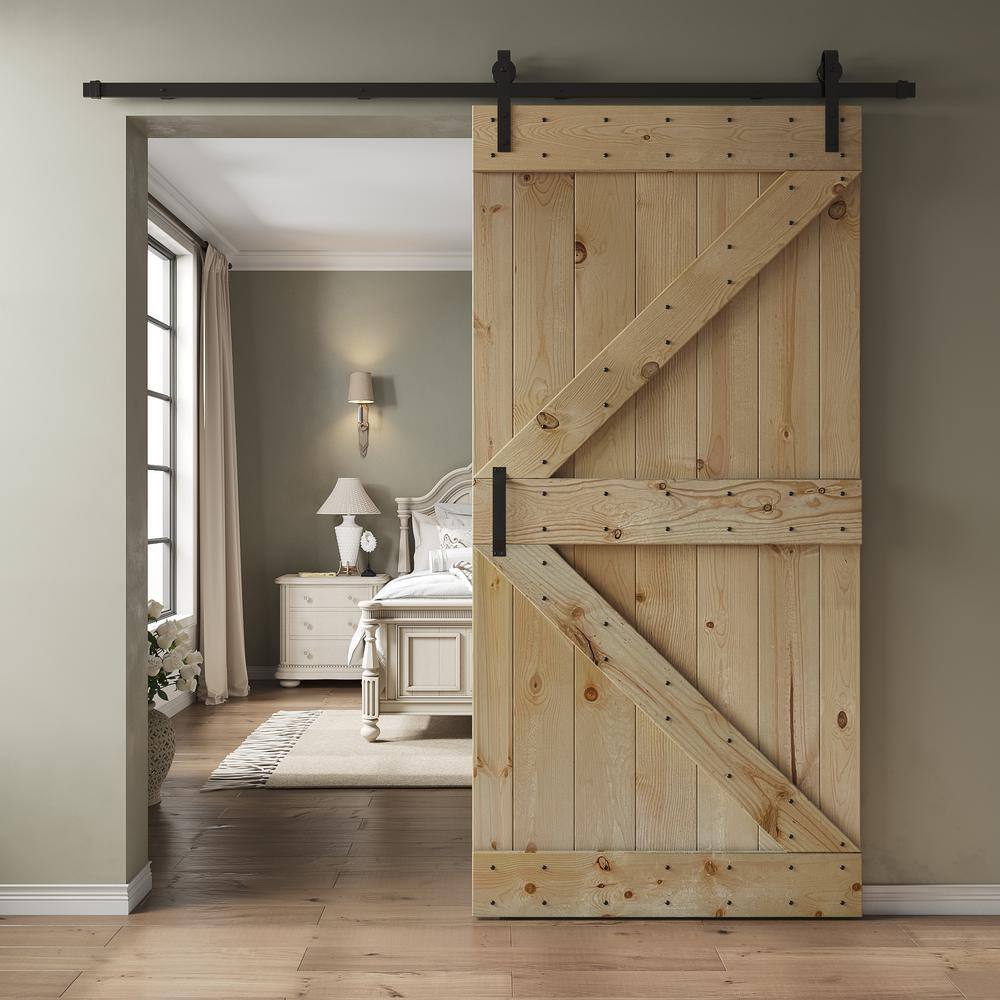 Unfinished Pine Wood Sliding Barn Door with Black Hardware Kit
