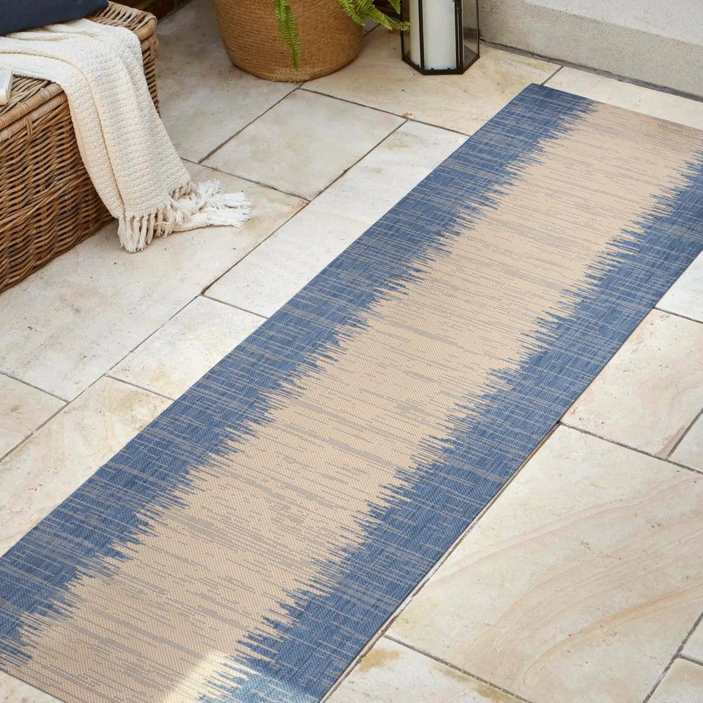 Tavira Blue and Beige Striped Synthetic Runner Rug
