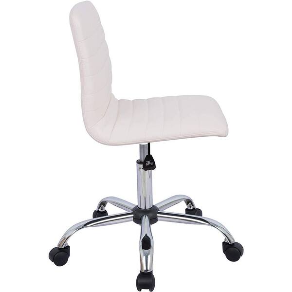 White PU Leather Low Back Armless Desk Chair Ribbed Armless Swivel Task Chair 
