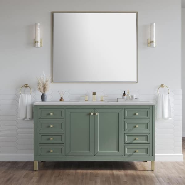 James Martin Vanities Chicago 60.0 in. W x 23.5 in. D x 33.76 in. H Single Bath Vanity in Smokey Celadon with Arctic Fall Solid Surface Top