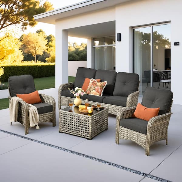 Vera 4-Piece Wicker Patio Conversation Seating Sofa Set with Black Cushions and a Led Table