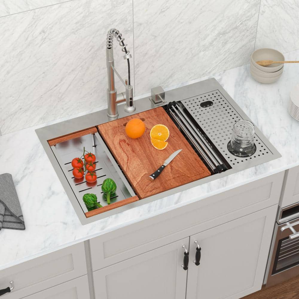 33 Inch Brushed Stainless Steel Drop-In Workstation Sink