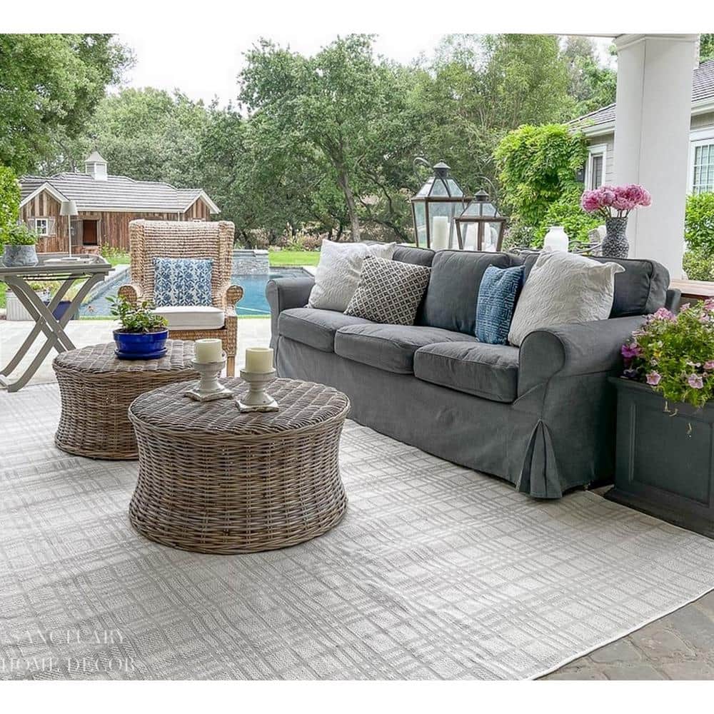Ivory and Light Grey Square Synthetic Flat Woven Rug