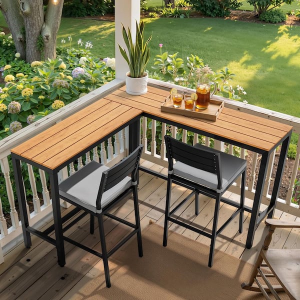 L-Shaped Metal Patio Dining Table Counter Height Outdoor Bar Table in Brown