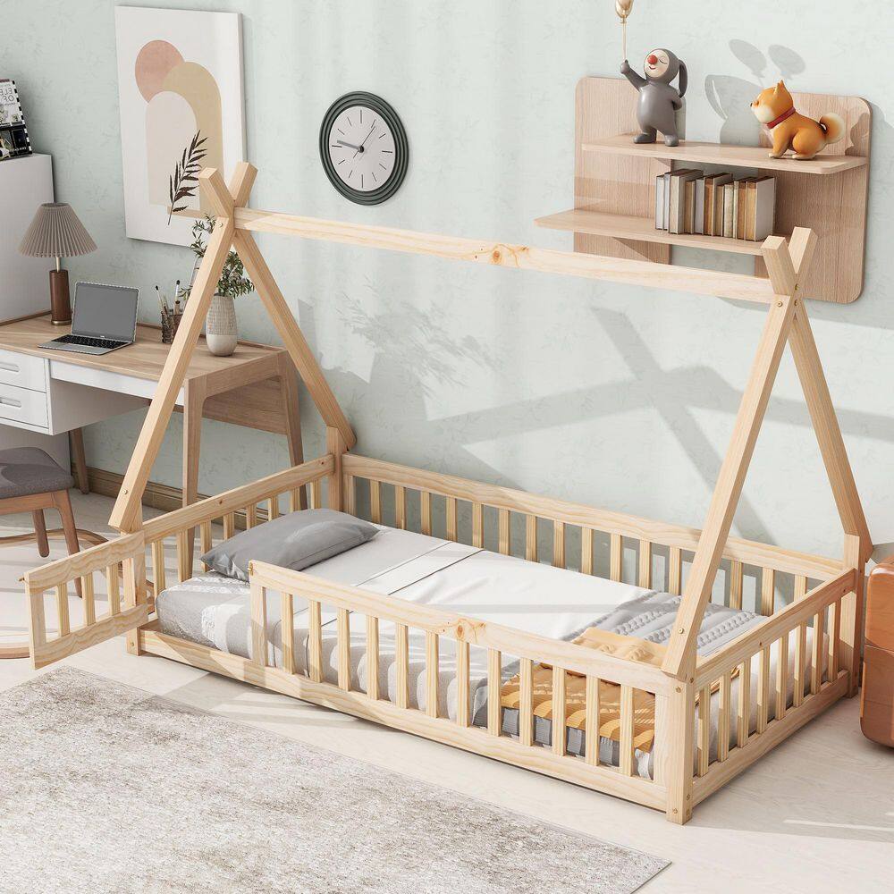 Natural Yellow Wood Frame Twin Size Tent-shaped Platform Bed with Guardrails, Slats and Door price history on PriceWatchPro