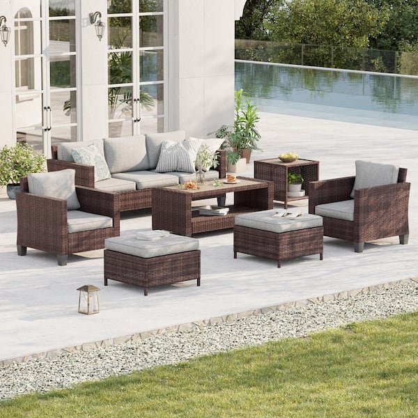 7-Piece Patio Conversation Set Brown Wicker Outdoor Furniture Set Three-Seat Sofa Thickening Cushions, Linen Grey
