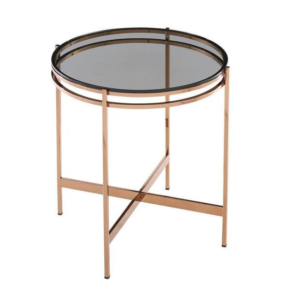 Benjara 20 in. Black and Rose Gold Round Glass End Table with Metal Frame