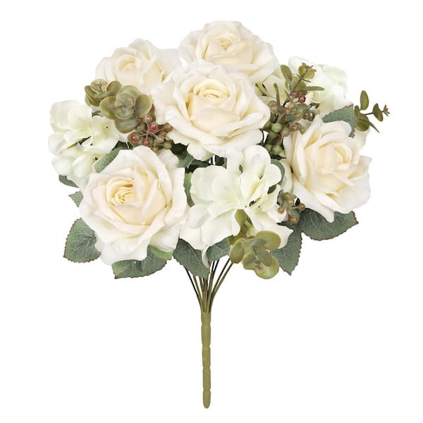 19 in. Cream Ivory Artificial Elegant Rose Hydrangea Flower Stem Bush Bouquet (Set of 2)