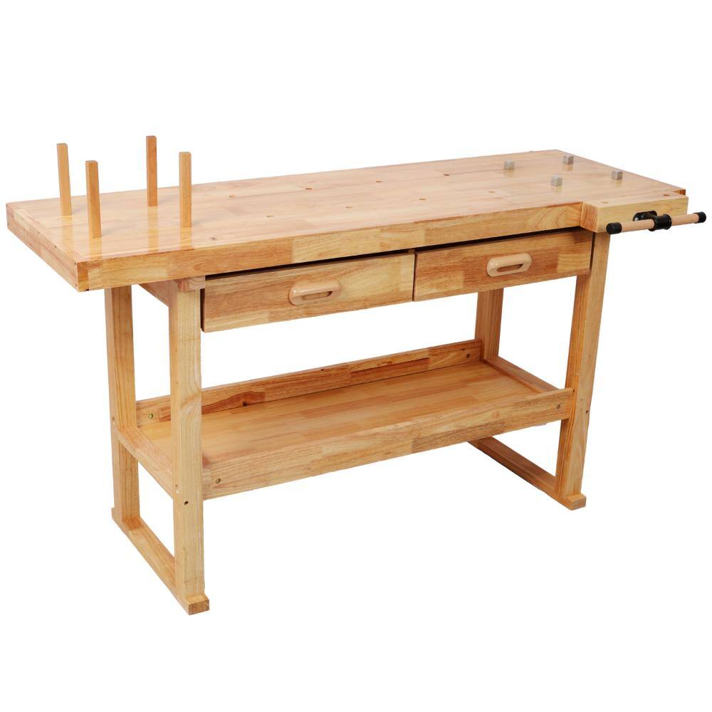 60 in. W x 22 in. D 2-Drawer Light Brown Workbench Table with Solid Wood Top and Shelf for Garage Carpenter Workshop price history on PriceWatchPro