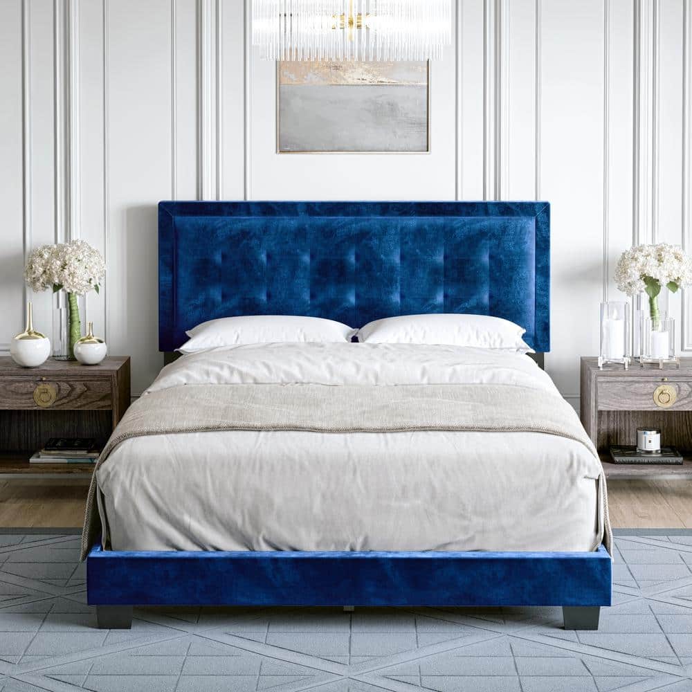Sapphire Blue Velvet Full Platform Bed with Tufted Headboard