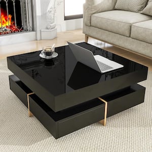 Modern High Gloss Black Square Coffee Table with 4 Drawers, Multi-Storage, Wood Grain Legs for Living Room