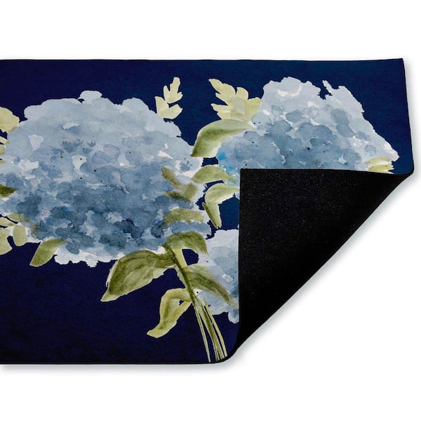 Blue Hydrangeas Contrast Blue 18 in. x 30 in. Polyester Non-Slip Outdoor Door Mat