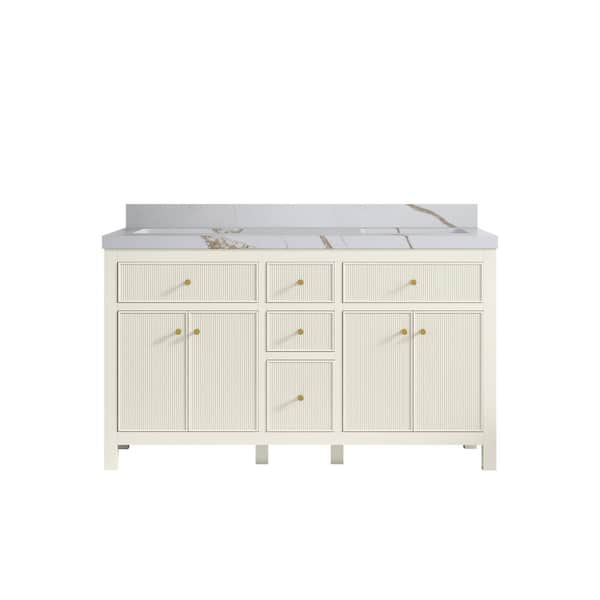 Willow Collections Sonoma 60 in. Double Sink Freestanding Alabaster Bath Vanity with Calacatta Gold Quartz Top Unassembled