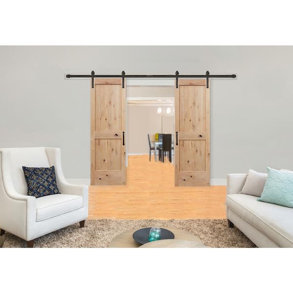 48 in. x 80 in. Bi-parting Unf. 2-Panel V-groove Solid Core Knotty Alder Sliding Barn Door W/ Bronze Hardware Kit