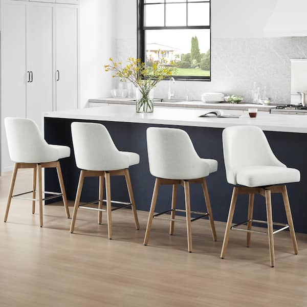 Spruce & Spring Luminara White Fabric Wood Frame Swivel Counter Height Bar Stools with Metal Footrest (Set of 4)