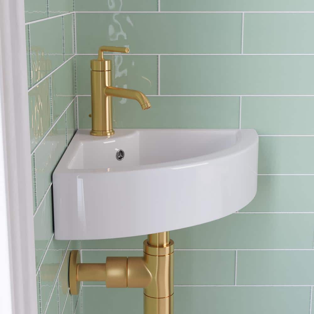 White Ceramic Wall-Mount Corner Bathroom Sink with Faucet Hole