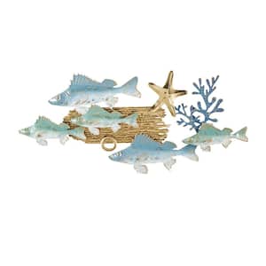 40 in. x 19 in. Metal Blue Fish Wall Decor with Gold Accents