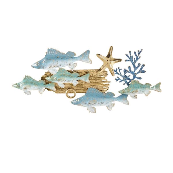 Litton Lane Metal Blue Fish Wall Decor with Gold Accents