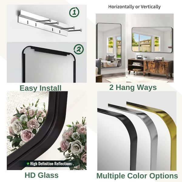 55 in. W x 30 in. H Rectangular Aluminum Framed Modern Black Rounded Wall Mirror