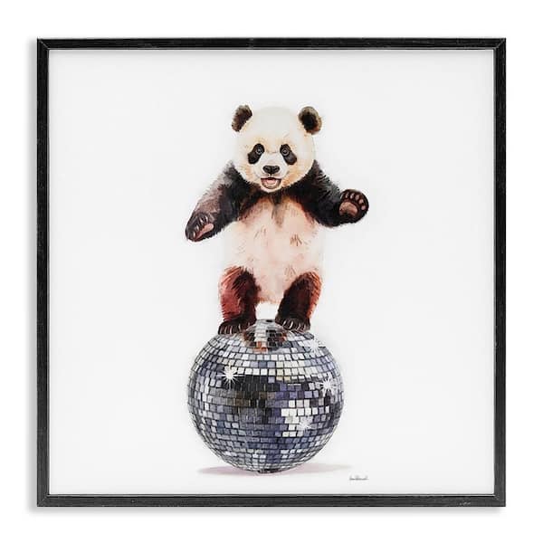 Stupell Industries Panda Balancing on Disco Ball by Amanda Greenwood Black Framed Animal Giclee Art Print 24 in. x 24 in.