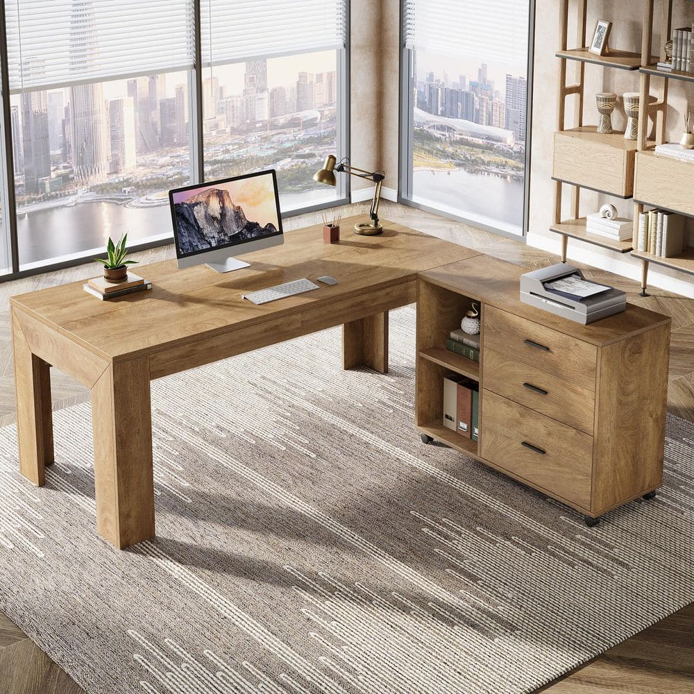 Capen 62.99 in. L-Shaped Brown Wood Executive Desk, Farmhouse Computer Desk with Mobile Lateral File Cabinet Combo