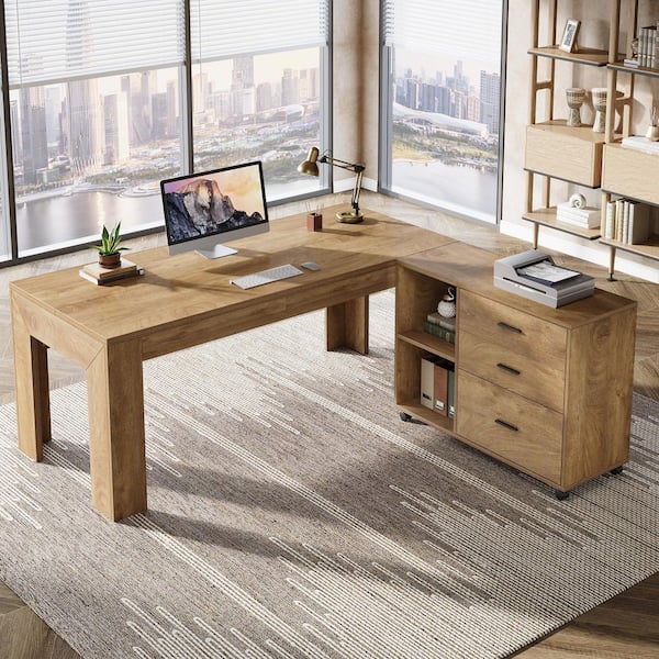 BYBLIGHT Capen 62.99 in. L-Shaped Brown Wood Executive Desk, Farmhouse ...