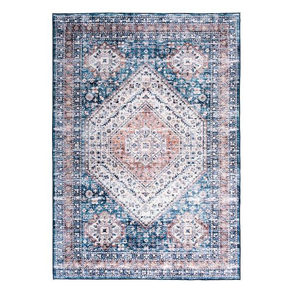 World Rug Gallery Blue 5 ft. x 7 ft. Distressed Traditional Machine Washable Area Rug