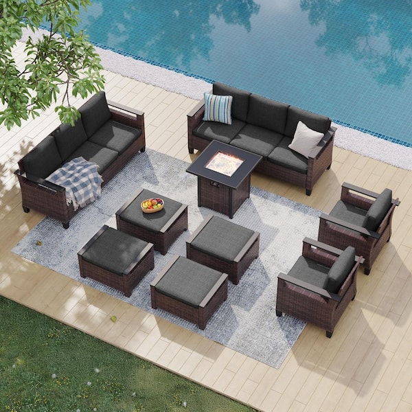 9 Pieces Brown Wicker Black Cushion Patio Conversation Set with Square Firepit Table and Ottomans