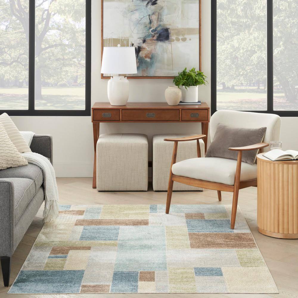 Blue Green Multi Rectangular Washable Synthetic Rug