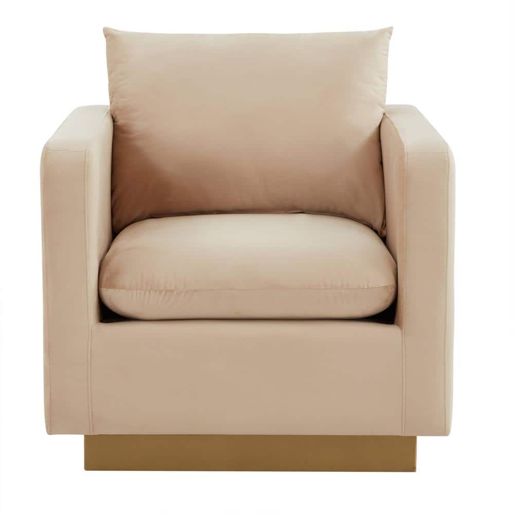 Beige Velvet Accent Chair with Gold Base