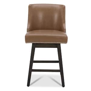 Martin 26 in. Saddle Brown High Back Solid Wood Frame Swivel Counter Height Bar Stool with Faux Leather Seat