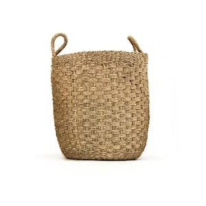 Hand Woven Cylindrical Wicker Seagrass Medium Basket with Handles