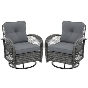 2-Piece Gray Wicker 360° Swivel Outdoor Rocking Chair with Dark Gray Cushion