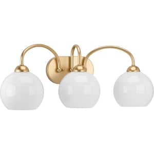 Carisa Collection 25 in. 3-Light Vintage Gold Opal Glass Mid-Century Modern Bathroom Vanity Light