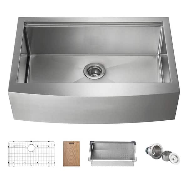 33in. Farmhouse/Apron-Front Single Bowl 16-Gauge Satin Stainless Steel Kitchen Sink with Cutting Board Colander Strainer