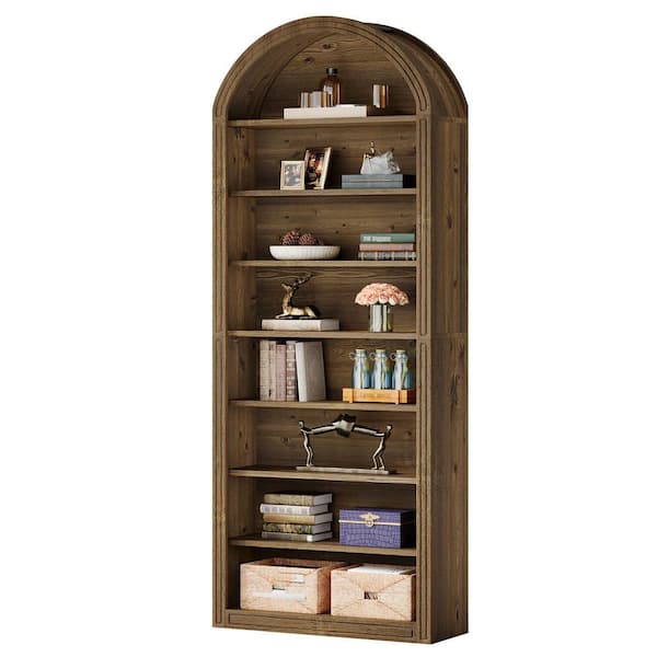 Eulas 78.74 in. Tall Brown Wood 8-Shelf Etagere Bookcase with Semi-Circular Top Design
