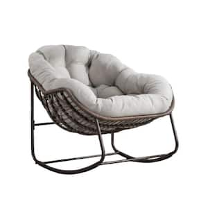 Curved Metal Outdoor Rocking Chair, Meticulously Hand-Woven & High-Quality Synthetic Rattan Material with Beige Cushion