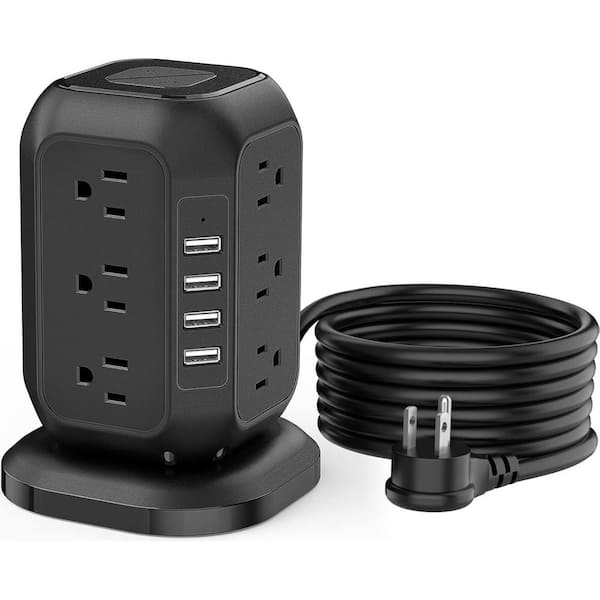 16.4 ft. Cord Flat Plug 12 AC-Outlets Surge Protector Power Strip Tower with 4 USB-A Ports in Black