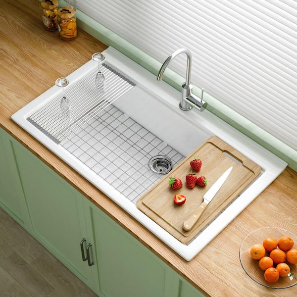 Workstation 36 in. Drop-In Kitchen Sink 1 Faucet Hole Single Bowl White Fireclay Sink with Cutting Board