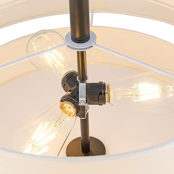 Softline 3-Light 23.6 in. Modern Matte Black Tiered Drum Pendant Light with Linen Fabric Shade