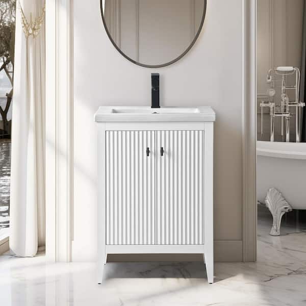24 in. W x 18.5 in D x 34 in. H Single Sink Bathroom Vanity Cabinet in Linear White with Ceramic Top