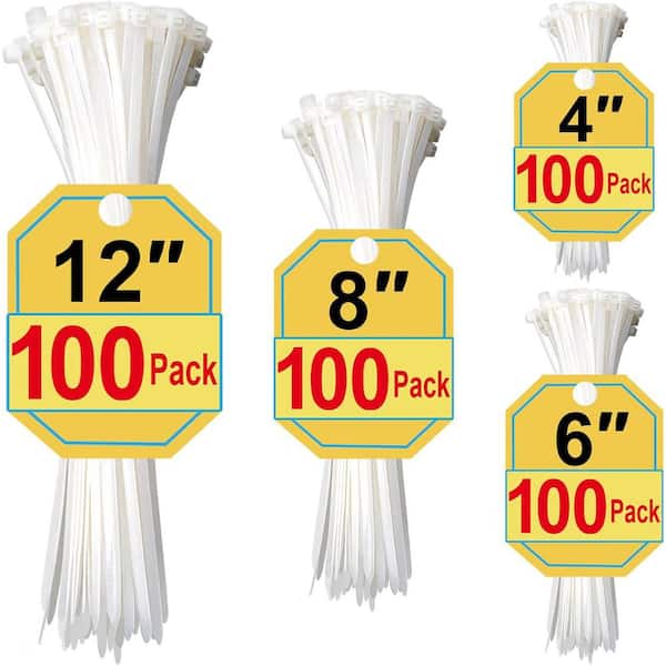 UV Resistant Nylon Cable Zip Tie Assorted Sizes 4 plus 6 plus 8 12 in. White 400-Pack Model Number