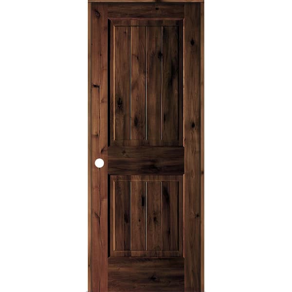 Krosswood Doors 30 in. x 80 in. Knotty Alder 2 Panel Right-Hand Sq. Top V-Groove Red Mahogany Stain Wood Single Prehung Interior Door